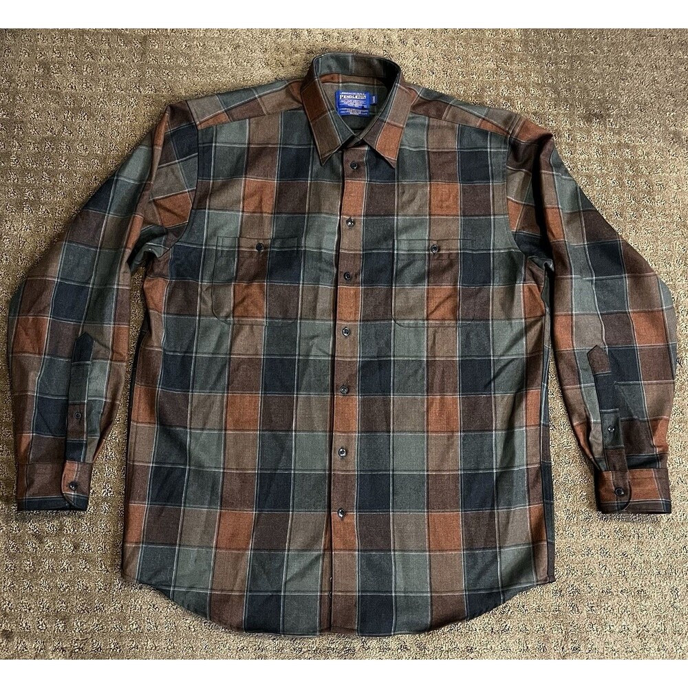 Pendleton Brown And Green Plaid Size Large Long Vintage Wool Button Up Shirt